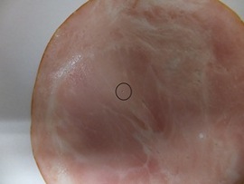 写真1 ハム上の異物(青色丸部)