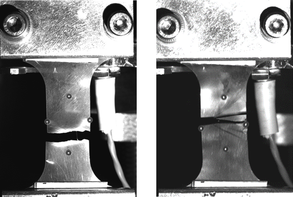 図2　破断時の写真 (右: 試験速度 0.05m/s, 左: 試験速度 5m/s)