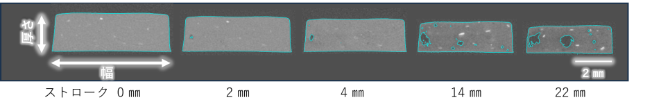 図4　樹脂リサイクル材の in situ 引張Ｘ線CT試験画像　断面積の変化